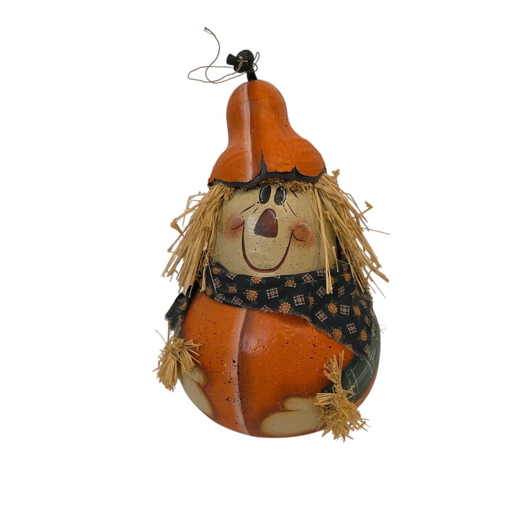 Handmade Fall Painted Stacked Gourd Scarecrow Folksy Whimsical Anthropomorphic